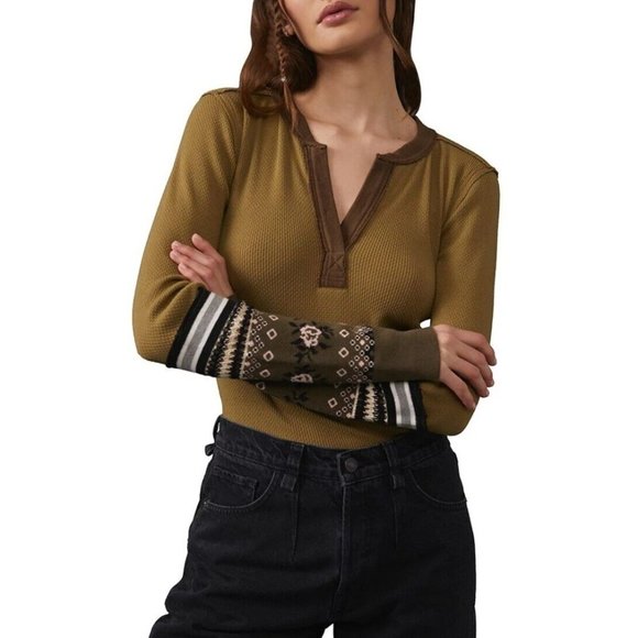 New We the Free People XS Shirt Mikah Layering‎ Cuff Thermal Top Army Combo - Picture 10 of 14